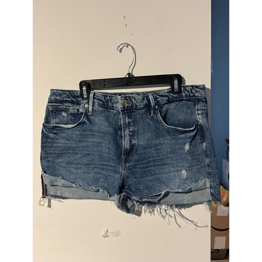 Good American Womens Distressed Denim Curve Shorts Medium Wash Blue Size 15
